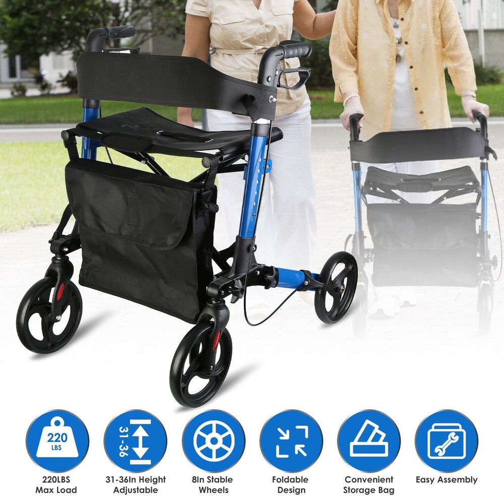 Aluminum Rollator Walker with Seat Backrest Foldable Rolling Walker with 220LBS