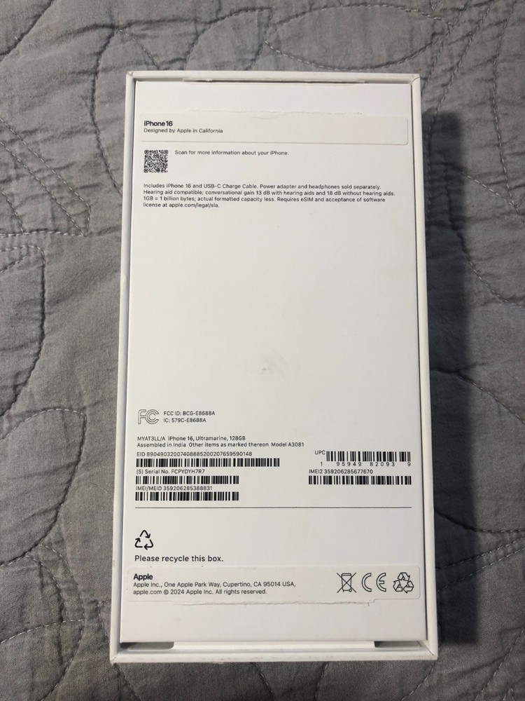 Empty Box Apple iPhone 16 128GB Empty Box ONLY