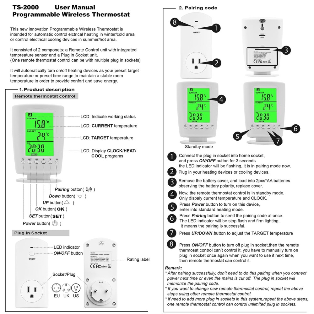 Diymore WTC100 Wireless Thermostat - Digital Temperature Controller White