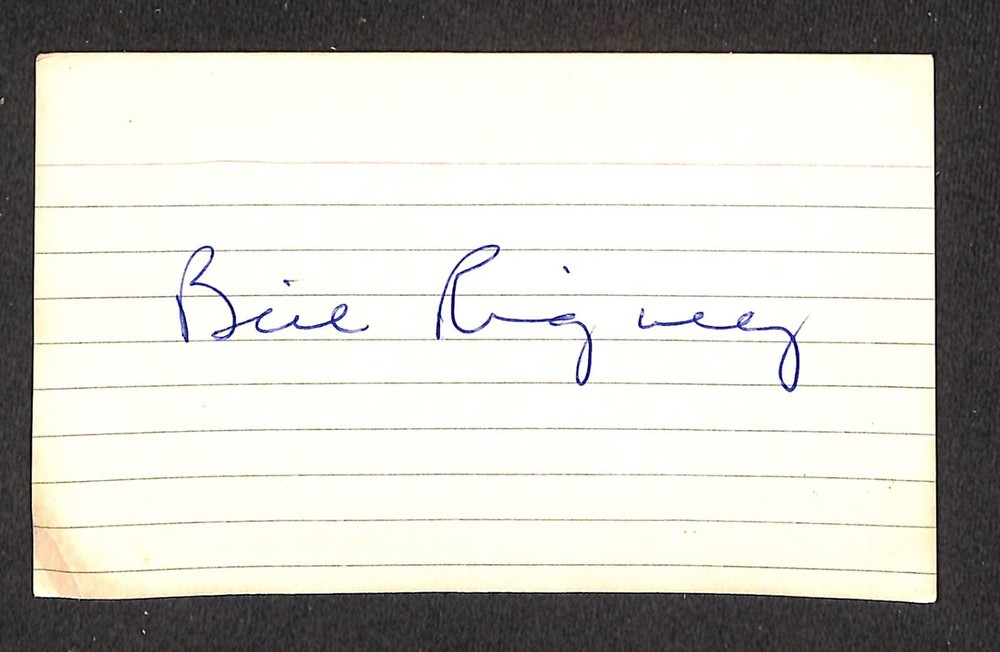 BILL RIGNEY,  AUTOGRAPHED INDEX CARD, BECKETT CERTIFIED