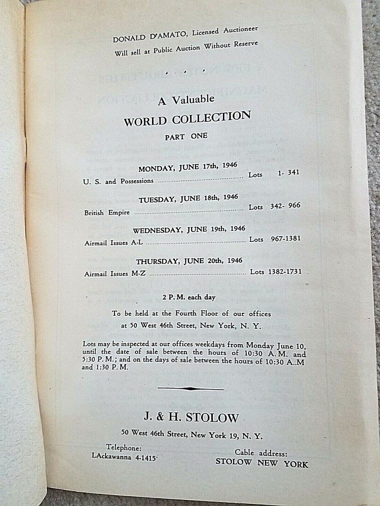 Public Stamp auction catalog J&H Stolow 1946