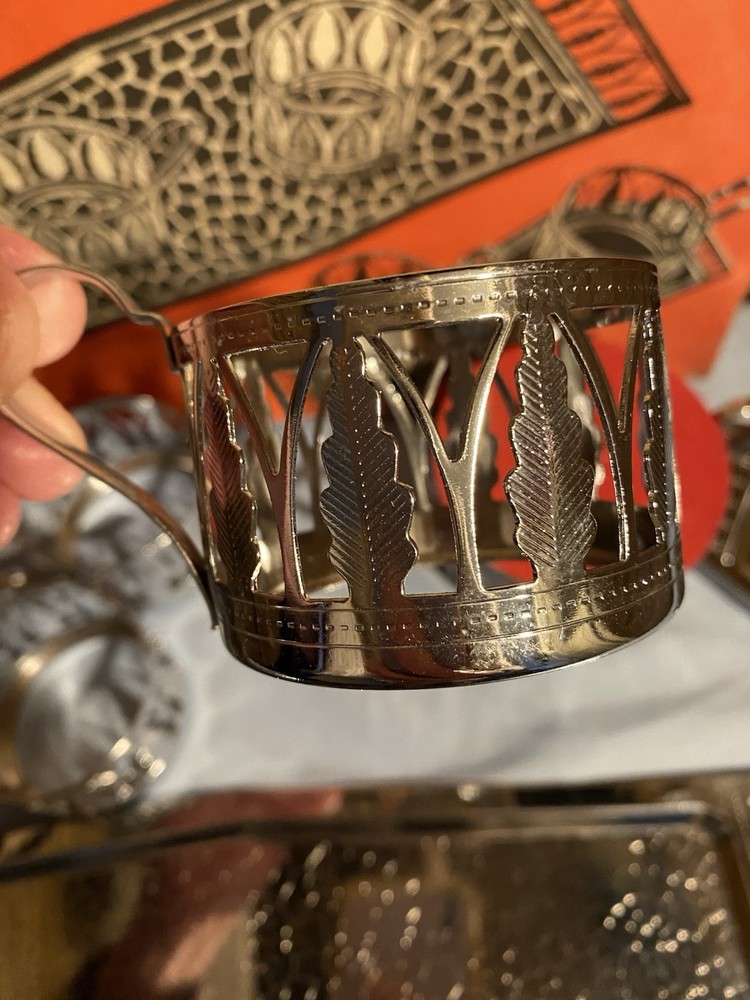 Vintage Polish Silver Metal 14 Piece Serving Set Tray, Cup Holders Sugar Bowl