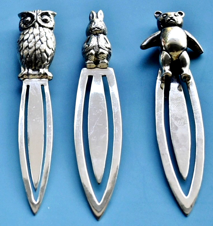 Vintage Set Of 3 Sterling Silver 925 Bookmarks * Owl * Rabbit * Teddy Bear
