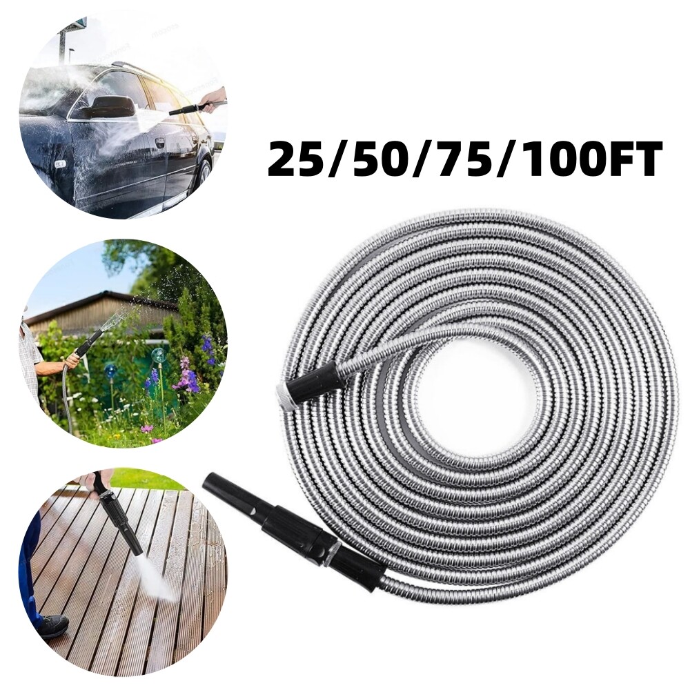 Stainless Steel Metal Garden Water Hose Pipe Flexible Lightweight 25/50/75/100FT