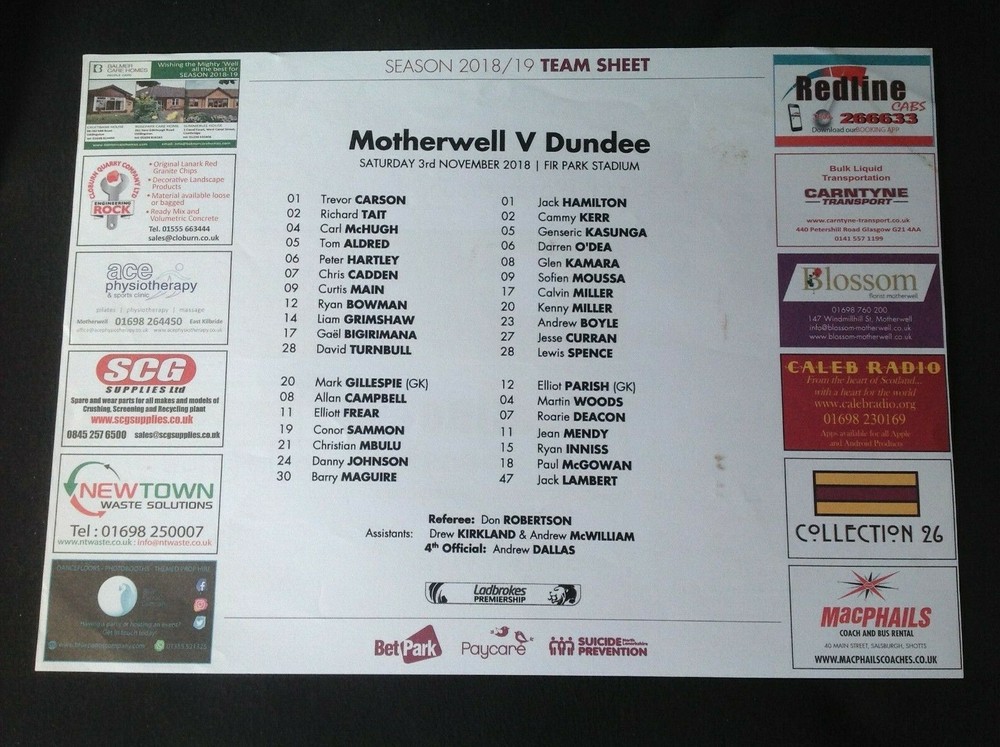 2018/19 Motherwell v Dundee November teamsheet