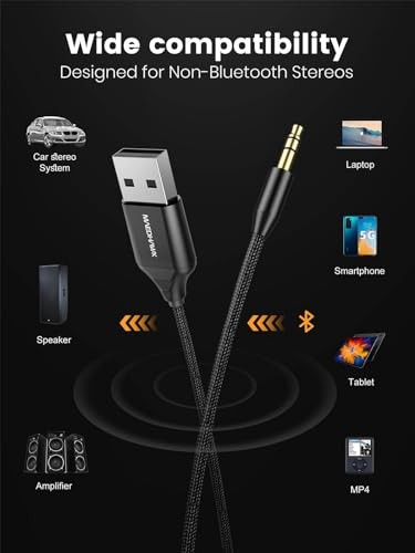 Aux to Bluetooth Receiver for Car, Bluetooth Aux Adapter with USB to 3.5mm
