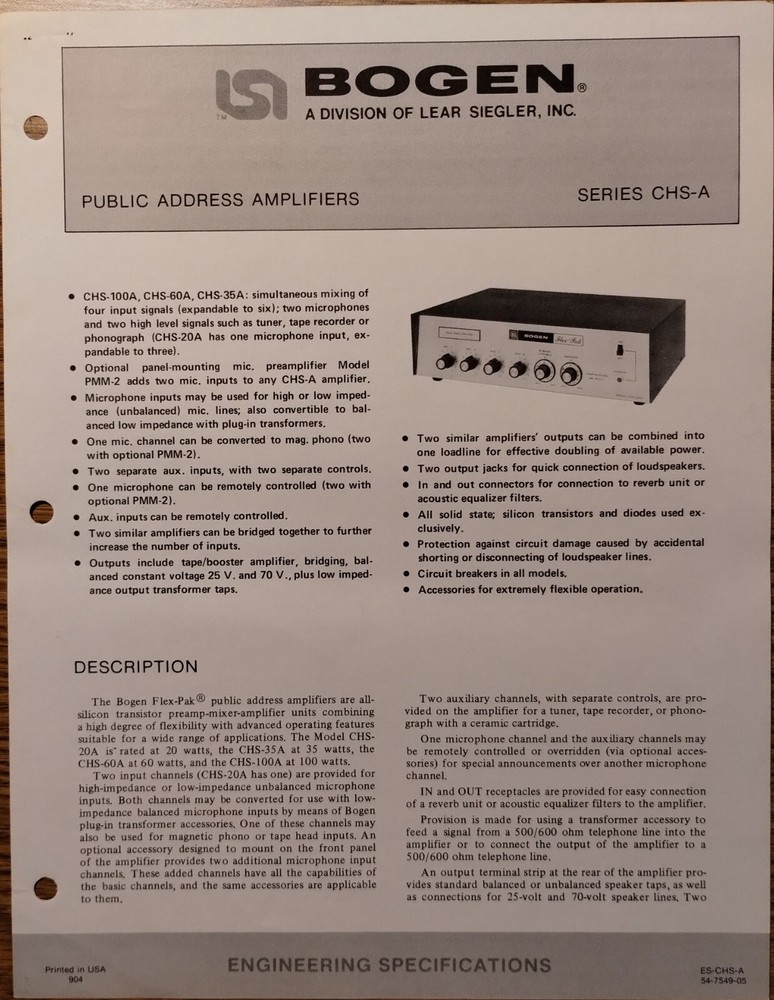 Bogen Selecting a PA amplifier, AESS-101 paper, Series CHS-A, Intercom brochures