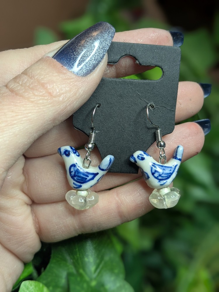 Blue Porcelain Bird Dangle Earrings