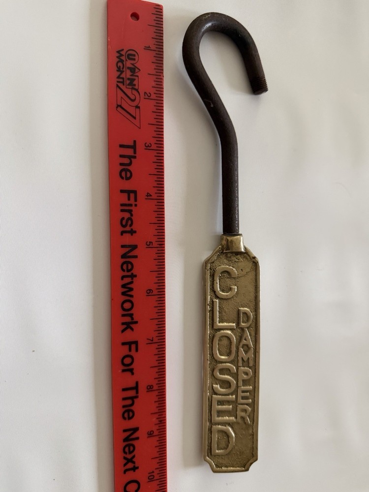 Vtg Solid Brass & Iron Fireplace Damper Open/Closed Hanging Sign Flue Pull Hook
