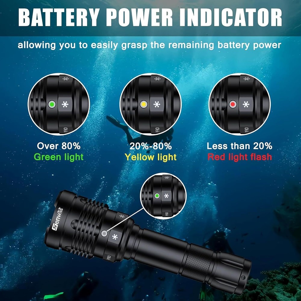 Dive Light 2000 Lumen Waterproof Flashlight with 5 Modes, Underwater Flashlight