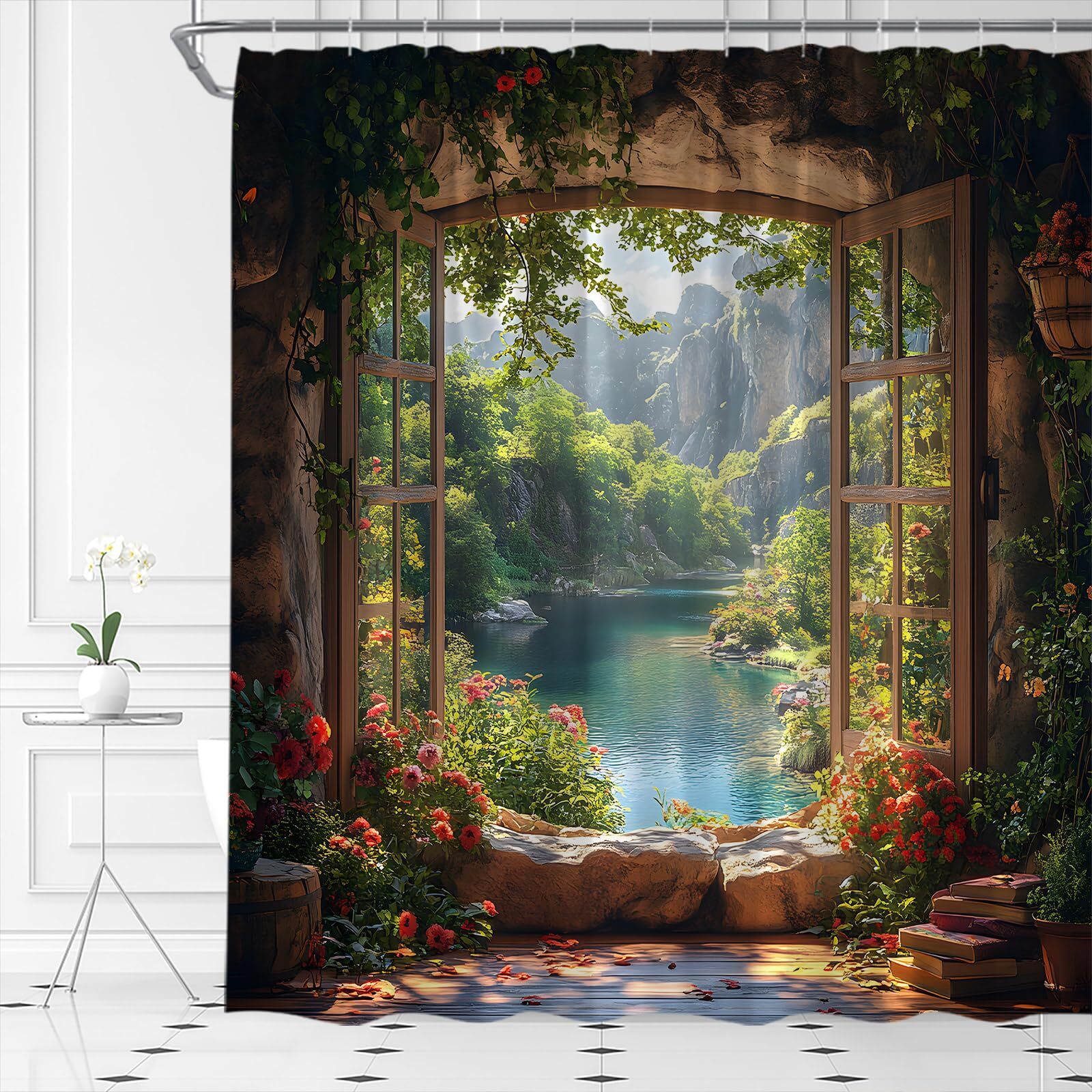 Nature Garden Shower Curtain Forest Mountain Stone Wall Flower Green Leaf Vin...