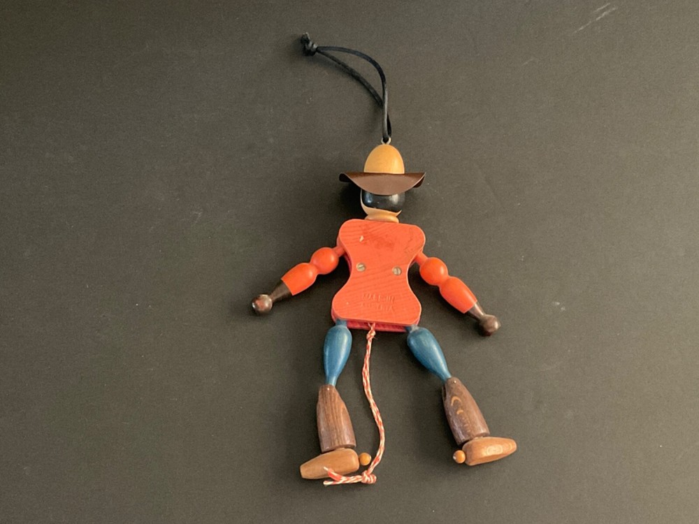 Vintage Wooden Jumping Jack "Mountie" Pull String Toy Austria