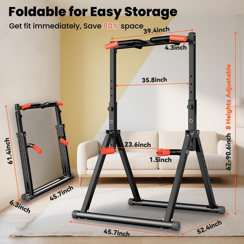 Power Tower Pull Up Dip Station Foldable, Pull Up Bar Station Adjustable, Mul...