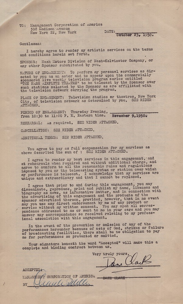 DANE CLARK - CONTRACT SIGNED 10/23/1950