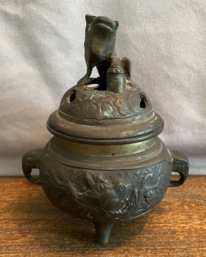 Foo Dog Incense Pot Brass with Elephant Handles