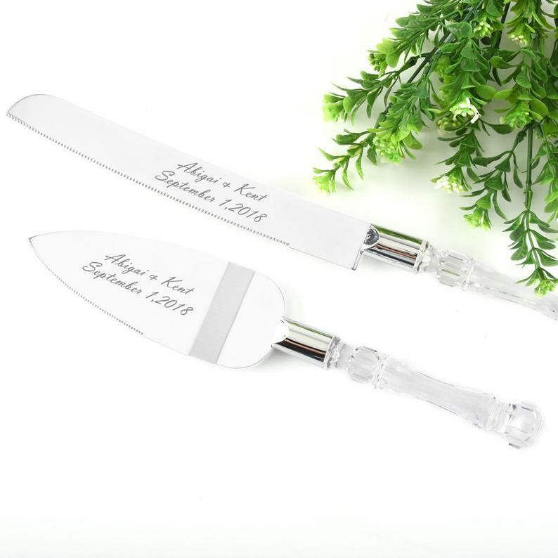 Wedding Anniversary Cake Server Set Cutting Silver engrave yourself Clear Handle