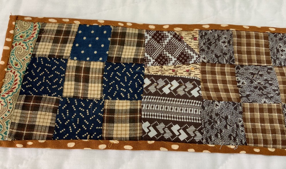 Antique Vintage Table Topper, Rectangle, Nine Patch, Early Calicos, Brown