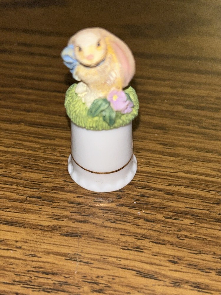 Bunny Rabbit Thimble Figure on top of thimble 2.5" Shadow Box Size