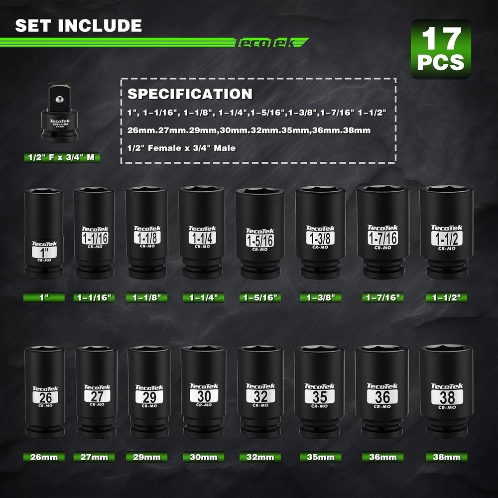 TecoTek 3/4" Drive Deep 6-Point Impact Socket Set, 17-Piece Jumbo Assortment, Cr