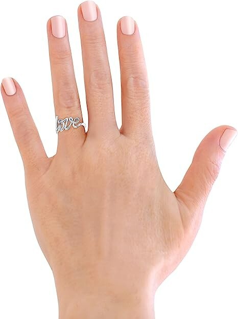 925 Solid Sterling Silver Love Script Stackable Ring Band for Women & Girls