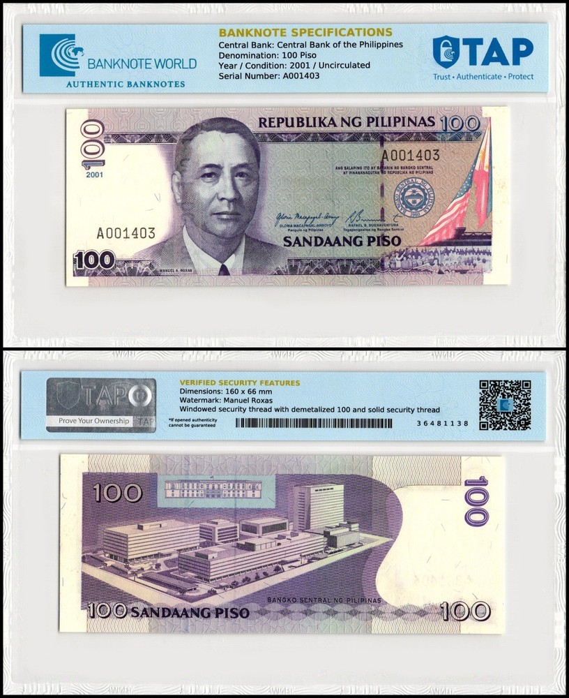 Philippines 100 Piso, 2001, P-194a.1, UNC, w/ Stains, TAP Authenticated