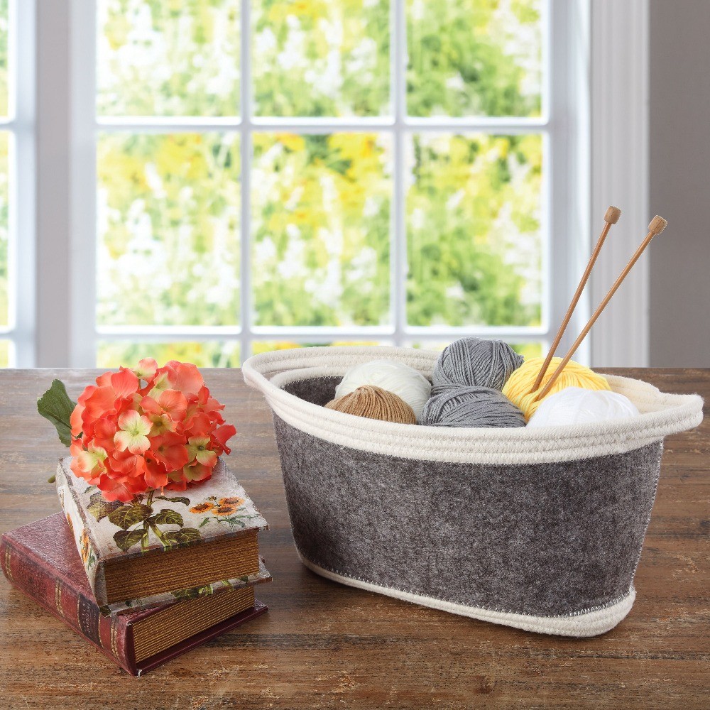 Gray & White Oval Stitchery Tote, Decorative Basket