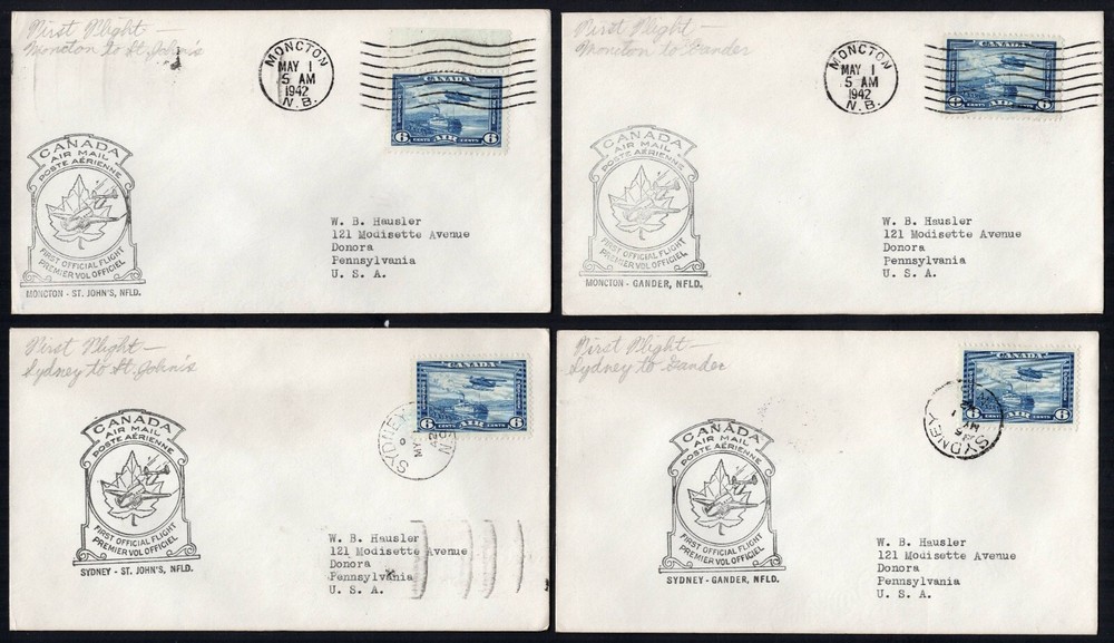 4x diff. Canada 1942 First Flight Covers (Sydney, Gander, Moncton, St. John's)