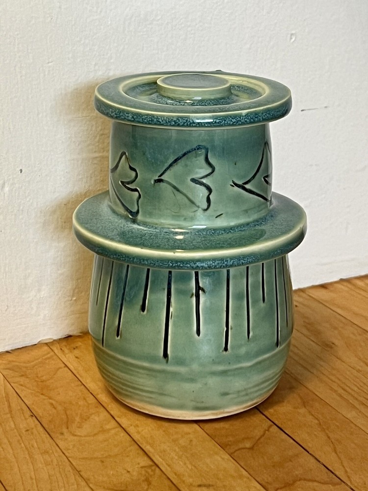 Tea Diffuser Signed Vintage Green Stoneware 5" tall 3" wide Unique Signed