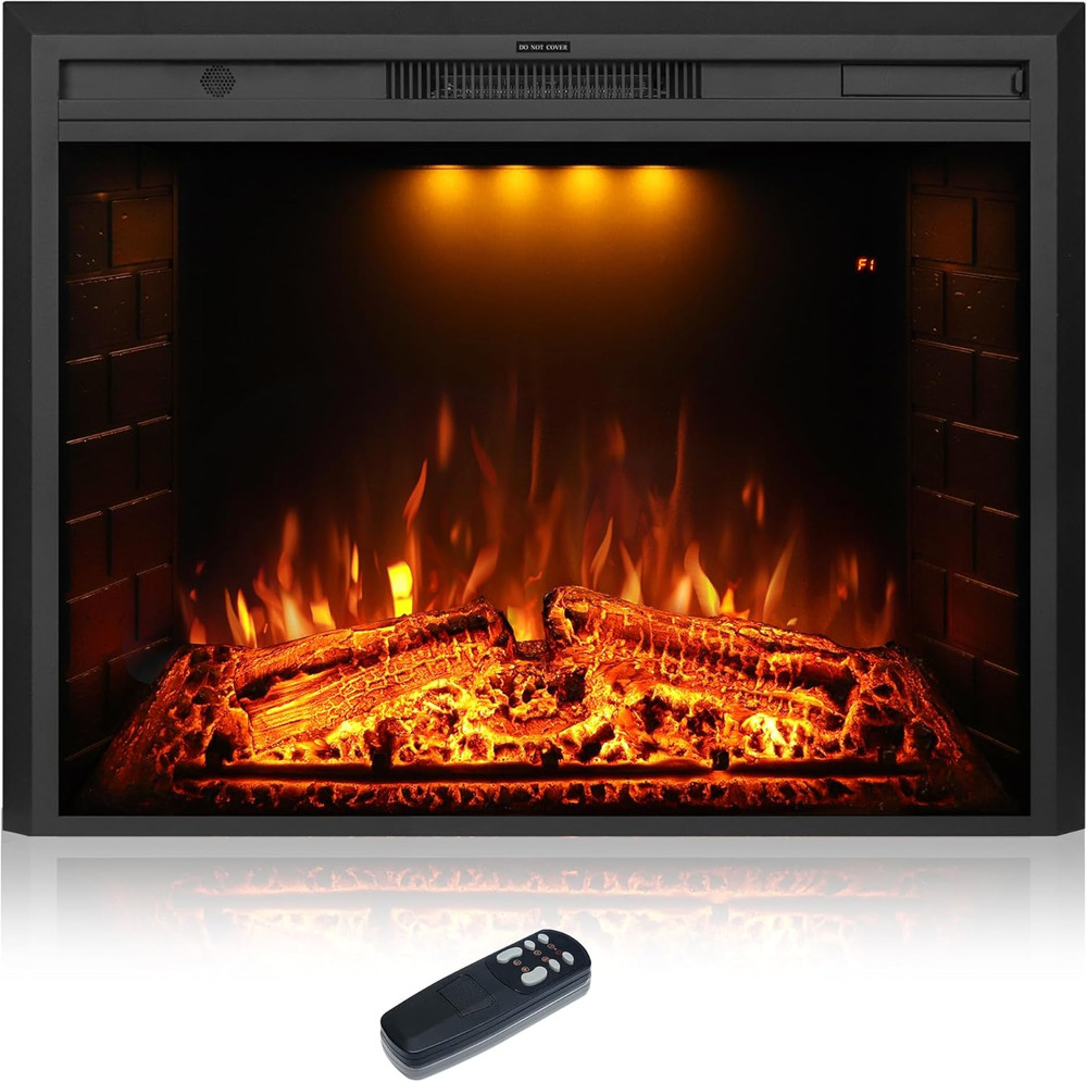 36" Electric Wall Fireplace with Remote, Realistic Logs & Timer, Black