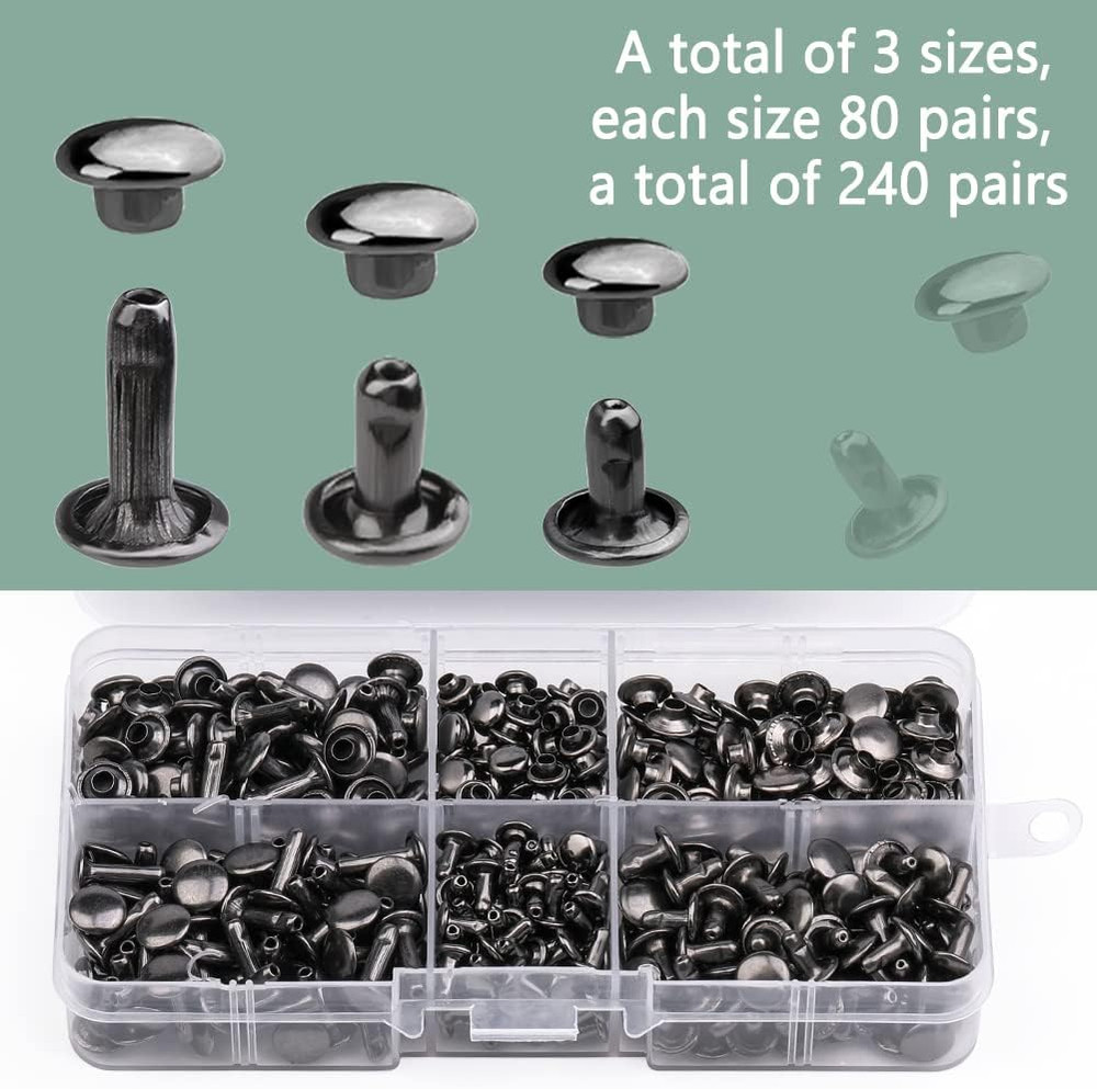 240 Sets Rivets for Leather, Leather Rivets 3 Sizes Leather Double Cap Rivets fo