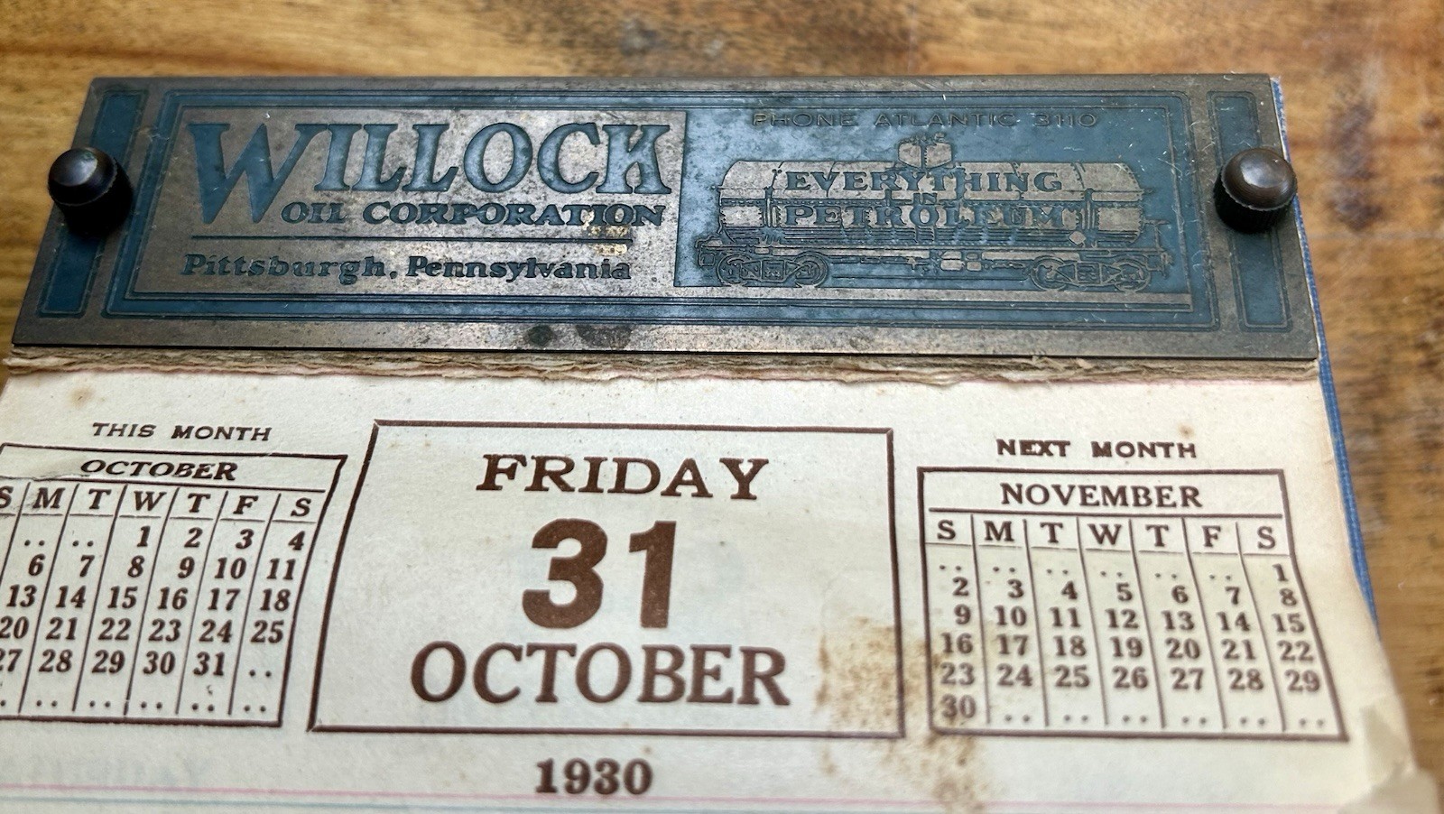 1930 WILLOCK OIL Calendar EVERYTHING PETROLEUM Pittsburgh Pa x/r WAVERLY +Spooky