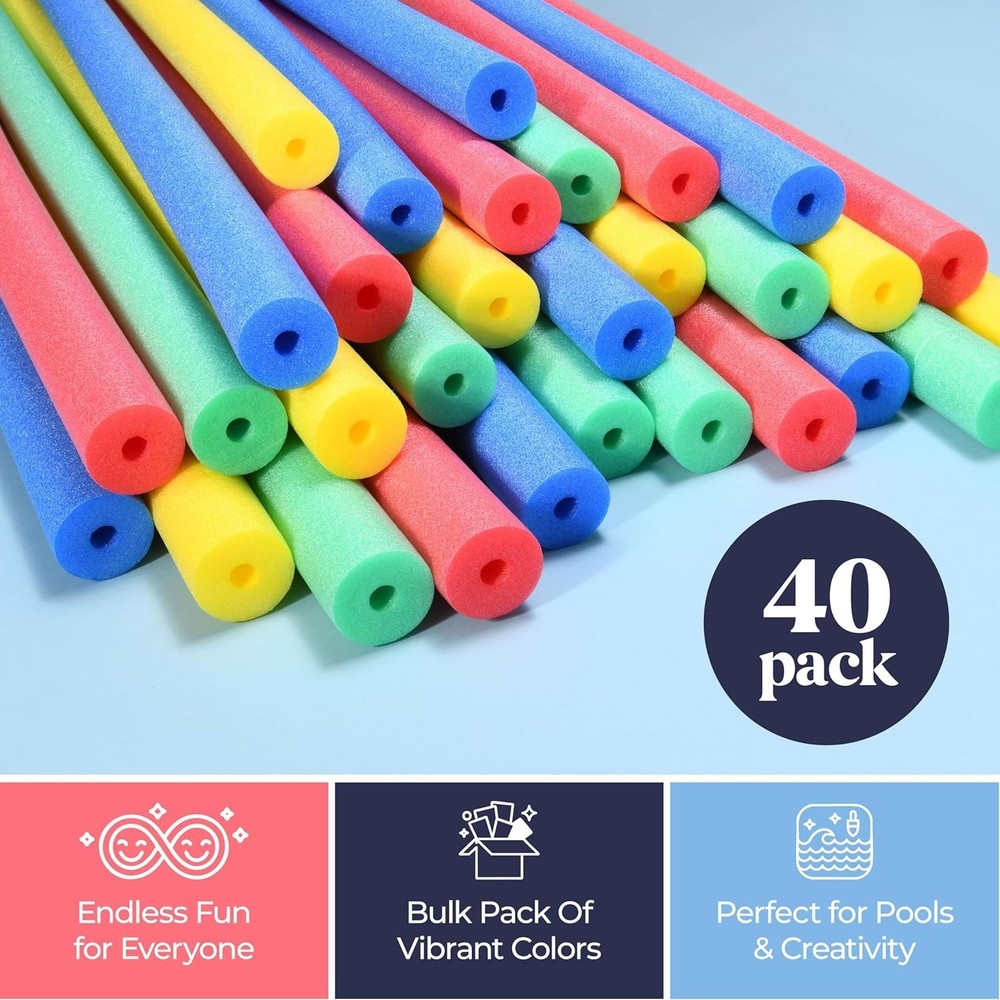 40 Pack Pool Noodles Foam Multicolor Bulk Swim & Exercise Tubes