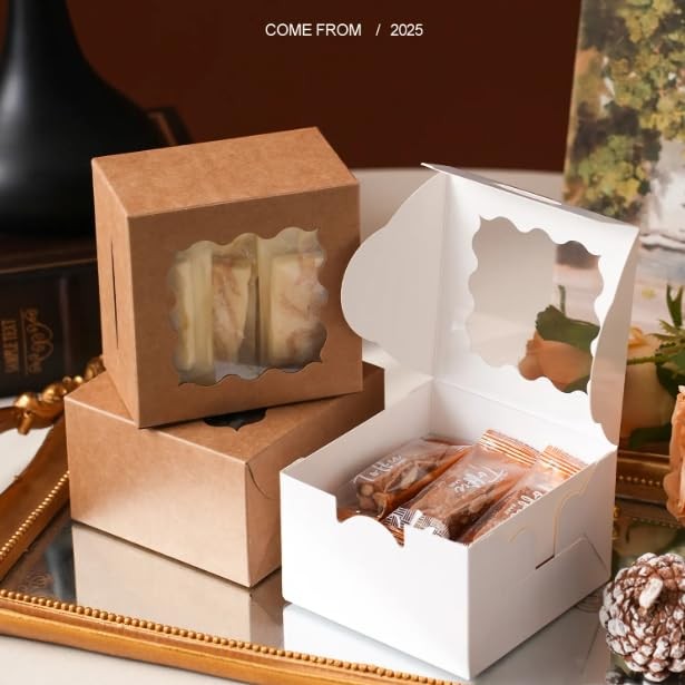 4x4x2.5 Cookie Boxes with Window, White Bakery Boxes Clear Window, 4" Mini Tr...