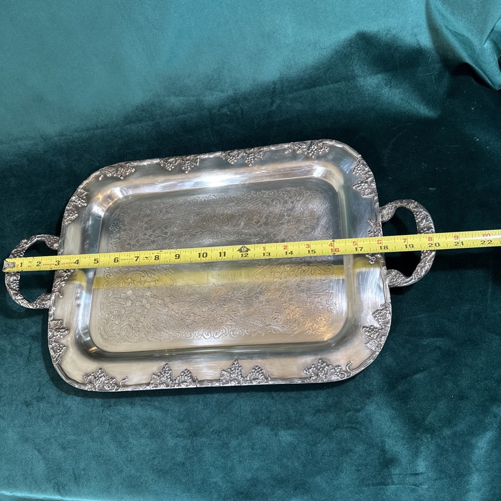 ESC Silver Plate Tray 16” By 12” Plus Handles Grape Design
