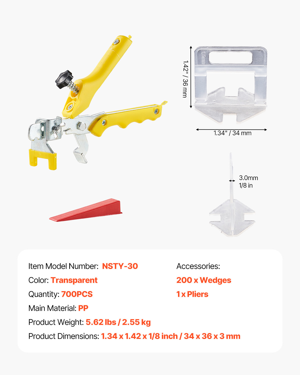 Tile Leveling System 1/8" (3 mm) 700pcs Tile Spacers+200 Reusable Wedges 1 Plier