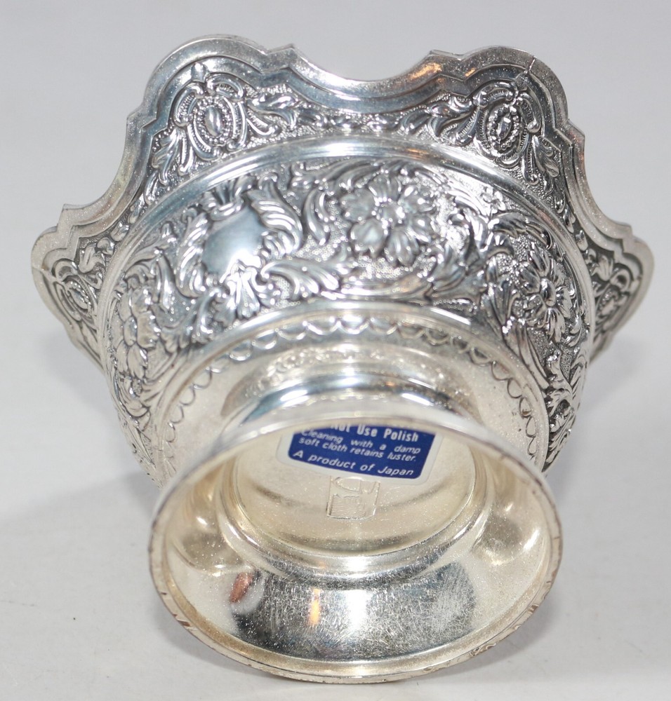 Silver Plated Trinket Candy Bowl Japan Floral Embossed Tarnish Protected