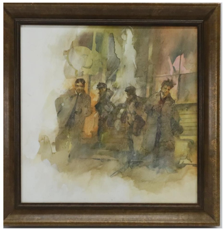 ROBERT CRAWFORD, FIGURES ALONG STAIRWAY, GOUACHE