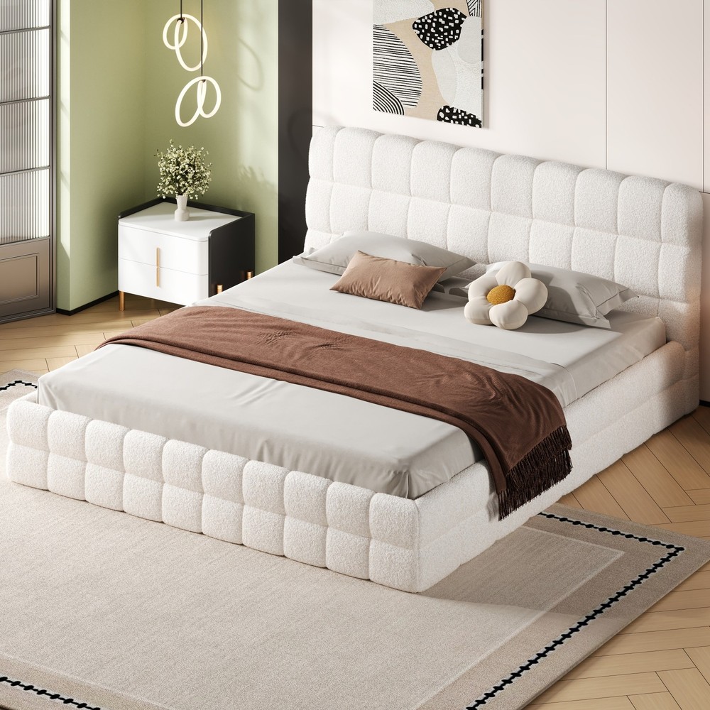 King Size Upholstered Platform Bed, White