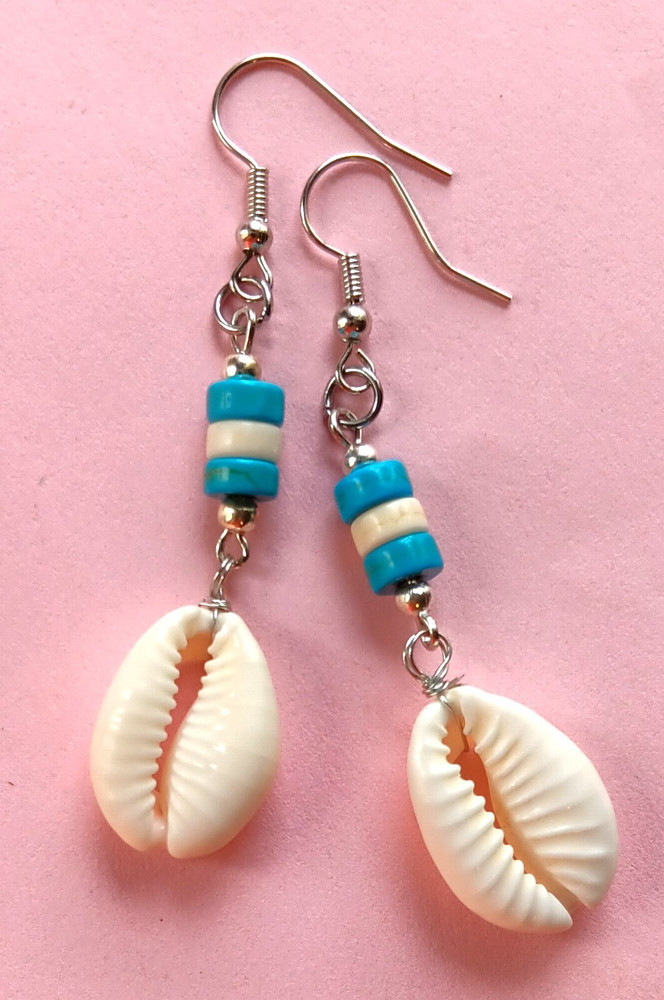 Blue Howlite COWRIE SHELL dangle earring SP Fish hook handcrafted #ACTA