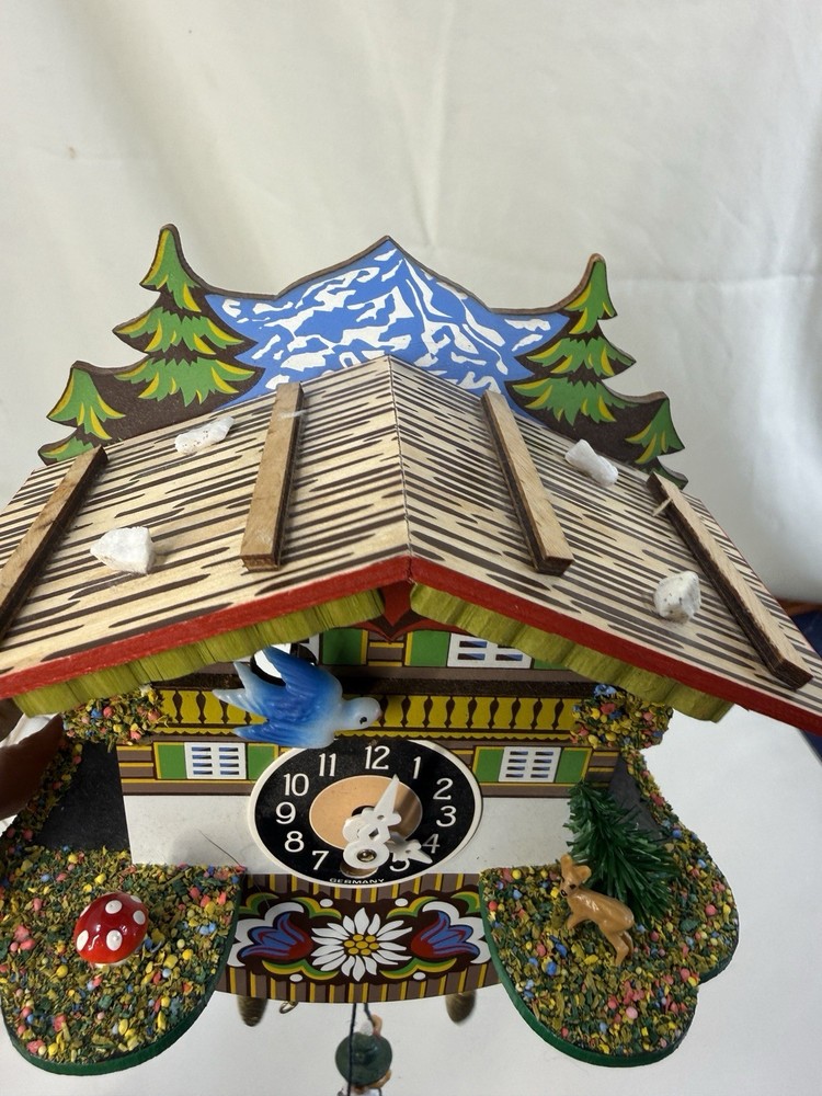 Vintage German Mini Cuckoo Clock w/ Bouncing Boy On Swing