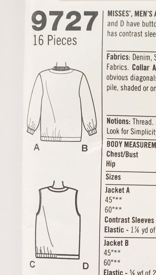 Simplicity Sewing Pattern 9727 Loose Fitting Jacket Ribbed Knit Collar XS- M