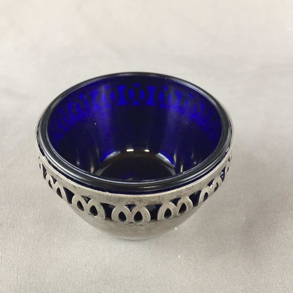 Vintage Silver Plated Holder with Cobalt Blue Glass Insert Jelly Candy Nut Bowl