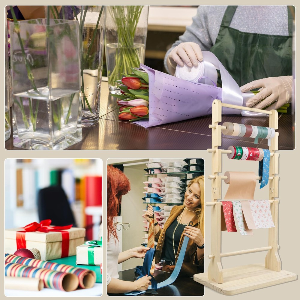 6 Tier Large Capacity Solid Wood Ribbon Storage Rack MultiSpacing Spool