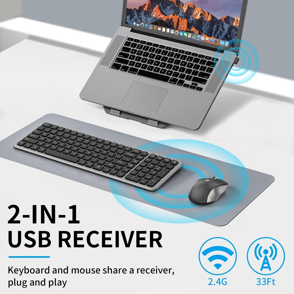 Wireless Silent Keyboard And Mouse Combo FullSize Calculator Button Grey