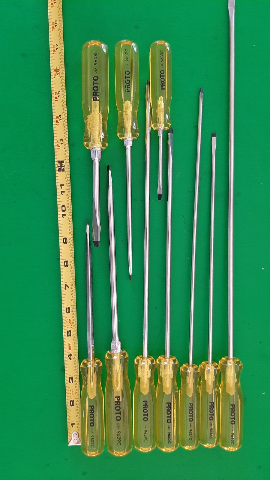 NOS NEW PROTO USA 10 Piece Clear Yellow Handle Screwdriver Set Flat Tip Slotted