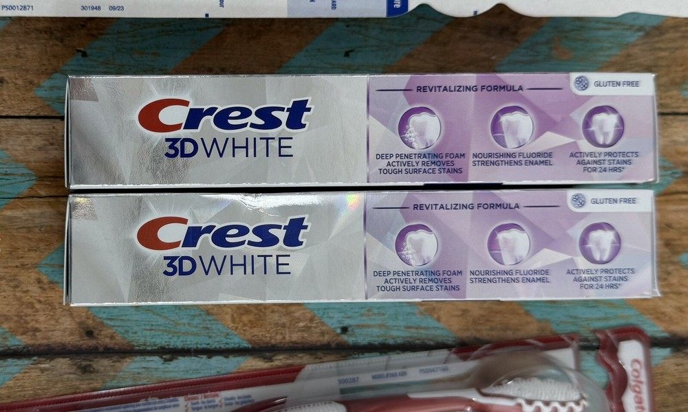 2)CREST 3D WHITE Toothpaste Mint 6/27 +4)COLGATE 360 Toothbrushes Extra,Soft,Med