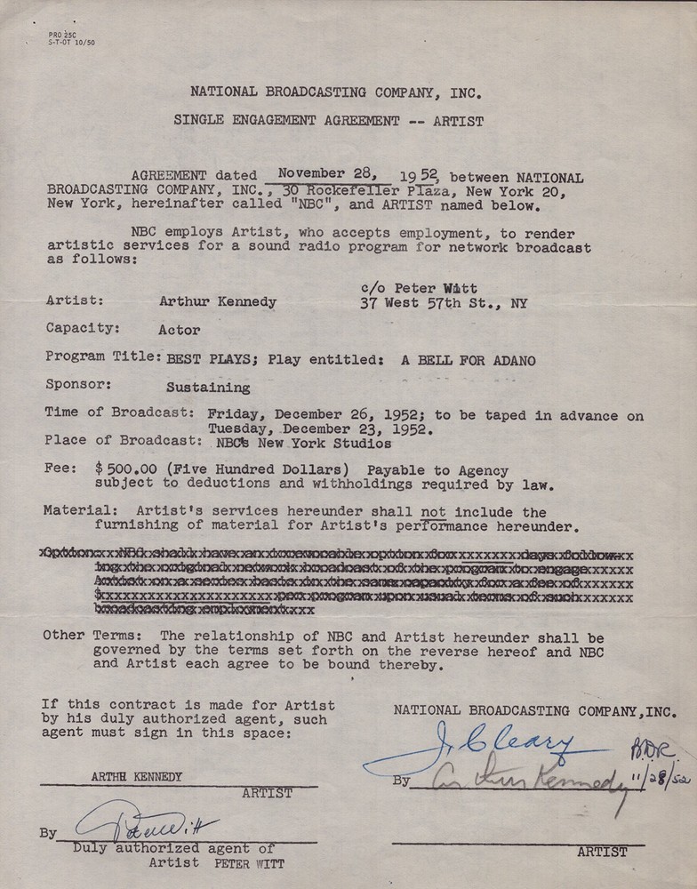 ARTHUR KENNEDY - CONTRACT SIGNED 11/28/1952