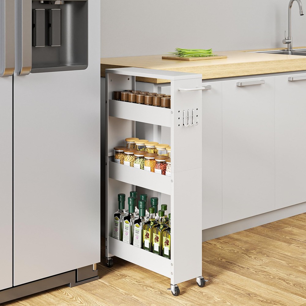 4 Tier Rolling Kitchen Storage Cart 5.9in Width White Carts Slim Wheels Small