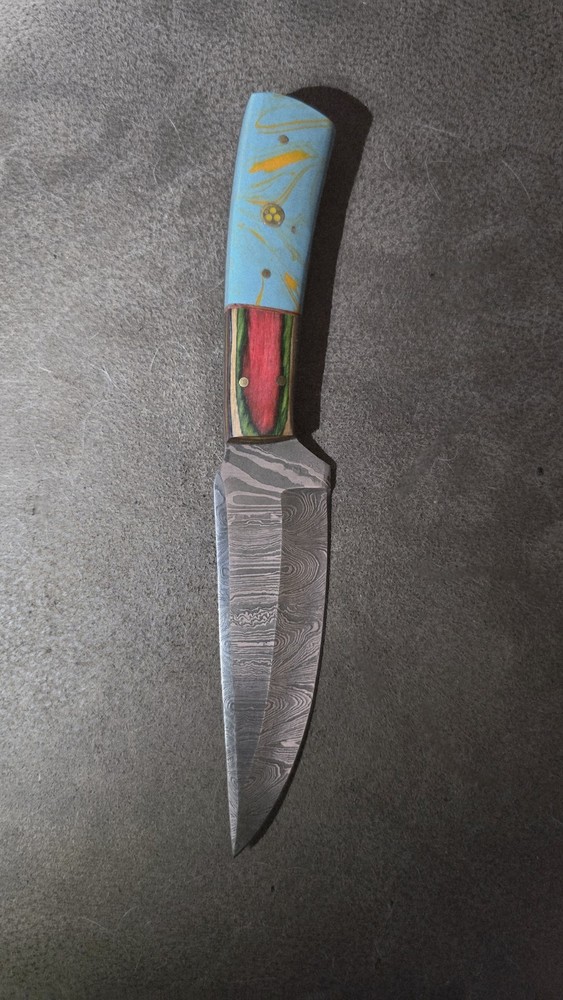 Handmade Damascus Trailing Point Knife W/Leather Sheath