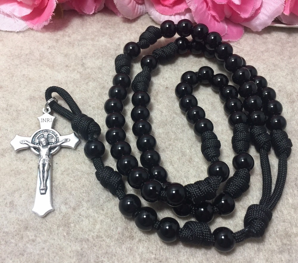 Black Beads Rosary, St. Benedict Crucifix, Durable Rosary- Handmade